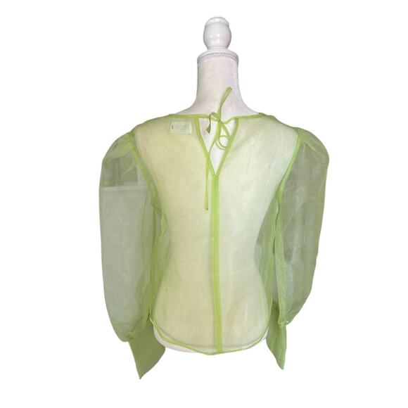 Grey Lab Sheer Neon Green Long Sleeve Keyhole Back Tie Closure Blouse Size Large - Picture 6 of 10
